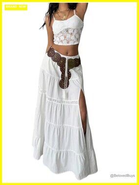 Boho Maxi Skirt Lace Ruffle High Slit Ruffle Layered Long Skirt
